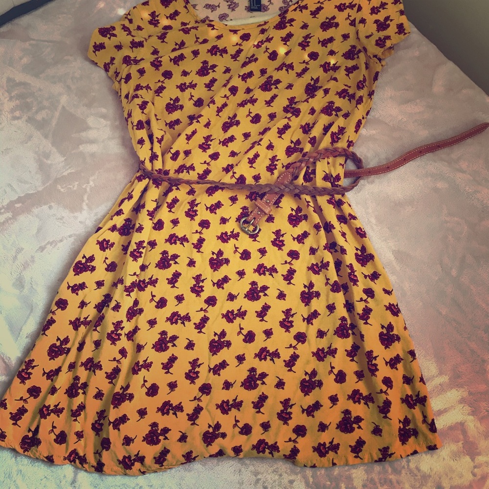 Short sleeved crimson & mustard shift dress